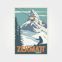 Zermatt Ski Resort Vintage Poster Travel Illustration Design, Swiss Alps Poster Design