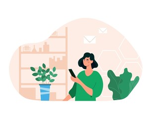 Wall Mural - concept of messenger. girl with smartphone in her hands communicates with friends. business correspo