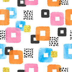 Seamless abstract pattern with colorful watercolor squares. Vector geometric illustration