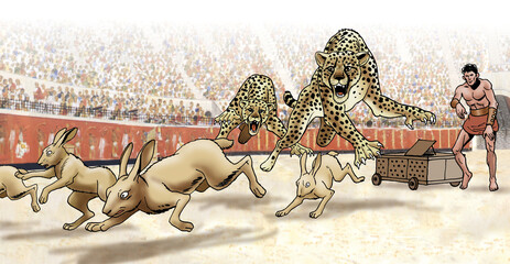 Wall Mural - Ancient Rome - Hares attacked by cheetahs in a Roman amphitheater during games