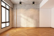 © Phongphan - Loft empty room with bare cement wall and pattern wood floor. 3d rendering