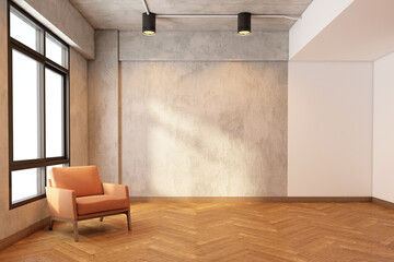 Wall Mural - Loft empty room with bare cement wall and pattern wood floor, Armchair and ceiling lamp. 3d rendering