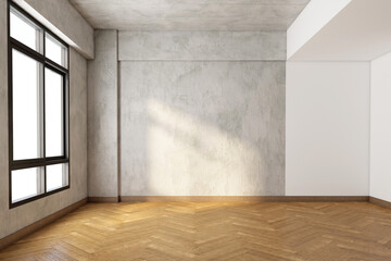 Wall Mural - Loft empty room with bare cement wall and pattern wood floor. 3d rendering