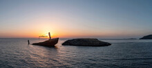 Nordland Shipwreck At Sunset, Kythira Island Greece. Russian Cargo Navagio Half Sunk Rusty Ship