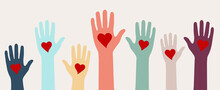 Raising hands with heart shape , donation and volunteers work concept