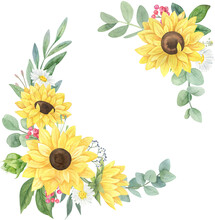 Watercolor Wreath With Sunflower And Leaves