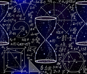 Wall Mural - math scientific vector seamless pattern with hourglass, handwritten formulas and figures over starry