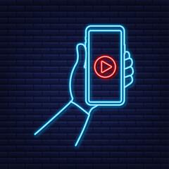 Wall Mural - Video smartphone, great design for any purposes. Live video streaming. Web design. Digital device neon. Vector stock illustration