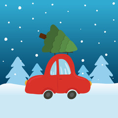 Wall Mural - Merry Christmas and Happy New Year greeting car with car with christmas tree. Winter background. Vector illustration.