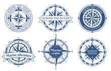 Vintage Rose Wind Nautical Compass Marine Labels. Old Antique Marine Navigation Compass Emblems Vector Illustration Set. Sea Wind Rose Compasses Badges
