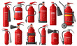 Fire extinguishers, firefighting, fire protection, safety extinguisher equipment. Flame fighting safety equipment vector illustration set. Extinguisher protection
