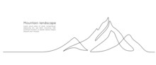 One Continuous Line Drawing Of Mountain Range Landscape. Web Banner With Mounts In Simple Linear Style. Adventure Winter Sports Concept Isolated On White Background. Doodle Vector Illustration