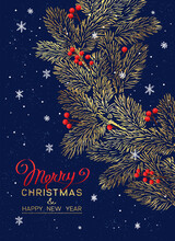 Christmas Poster. Vector Of Christmas Cards With Golden Branches Of Christmas Tree On Deep Blue Background.