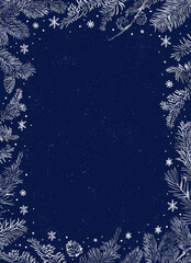 Wall Mural - christmas poster. vector of christmas frame with silver branches of christmas tree on deep blue back