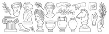 Greek Ancient Sculpture Set. Vector Hand Drawn Illustrations Of Antique Classic Statues In Modern Style.