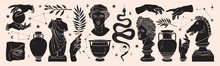 Greek Ancient Sculpture Mystic Set. Vector Hand Drawn Illustrations Of Antique Classic Statues In Trendy Bohemian Style.