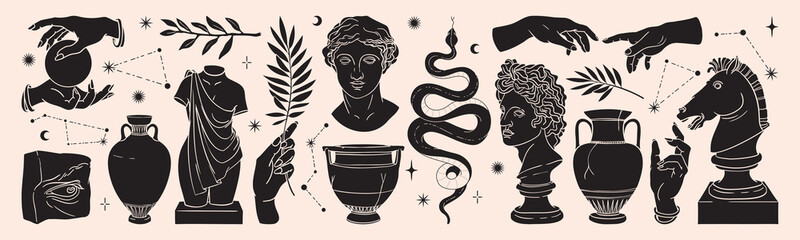 greek ancient sculpture mystic set. vector hand drawn illustrations of antique classic statues in tr