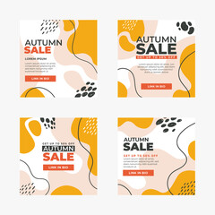 Autumn sale banner set vector illustration. Discount promotion with minimal design advertising, geometric shapes, waves and dots. Square web poster template for post in social media, mobile app