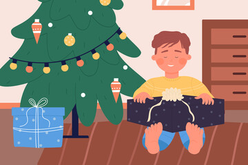 Wall Mural - Happy boy kid sitting on floor under Christmas tree with gift vector illustration. Cartoon child character holding xmas surprise present box from Santa, cute scene of festive celebration background