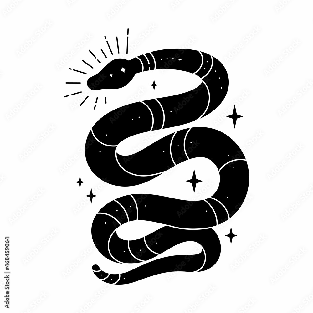 Vector black snake with mystical magic objects: moon and stars ...