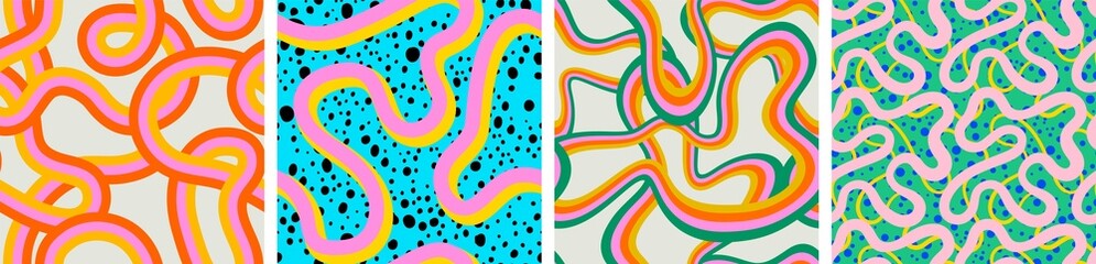Wall Mural - Abstract colorful neon print seamless pattern illustration set in retro 80s style. Trendy background collection with creative line drawing. 