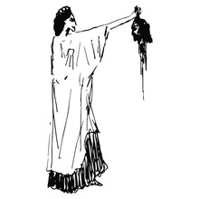 Salome Or Herodias Holding Severed Head Of John The Baptist. Hand Drawn Ink Sketch. Black And White Silhouette.
