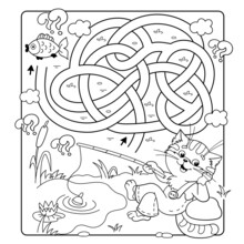 Maze Or Labyrinth Game. Puzzle. Tangled Road. Coloring Page Outline Of Cartoon Cat With Fishing Rod. Fun Fisher. Coloring Book For Kids.