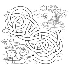 Sticker - Maze or Labyrinth Game. Puzzle. Tangled road. Coloring Page Outline Of cartoon pirate ship with treasure island. Coloring book for kids.