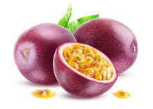 Two Whole Ripe Purple Passion Fruit And Half With Juicy Pulp Isolated On White Background.