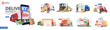 Exclusive Delivery Bundle With People Characters, Scooters, Truck, And Smartphone. Online Order And Couriers Delivery At Home, Global Shipping And Local Distribution, Logistics Situations. 