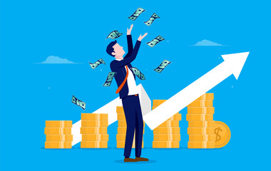 Aufkleber - One man making money - Businessman throwing money in air with coins and financial graph in background. Business success and economic growth concept. Vector illustration