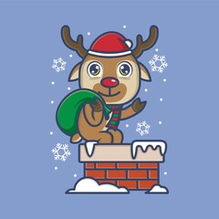 Wall Mural - cute cartoon reindeer and christmas chimney. vector illustration for mascot logo or sticker