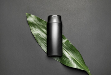 Wall Mural - Bottle of shower gel and green leaf on dark background