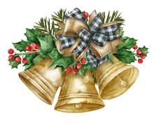 Gold Jingle Bells With Buffalo Plaid Bow, Firry Branches, Holly Leaves, Red Berries Watercolor Illustration.The Christmas Gold  Bell Isolated On The White Background