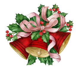 Red Jingle bells with pink bow,holly leaves and berries. Watercolor illustration.Three Christmas retro red bell isolated on the white background