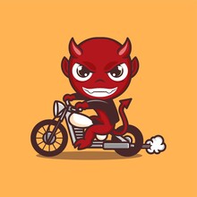 Cute Cartoon Devil Riding A Motorbike. Vector Illustration For Mascot Logo Or Sticker