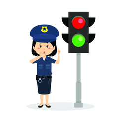 Wall Mural - Happy Cute Girl Wearing Police Uniform Stand Beside Traffic Lamp