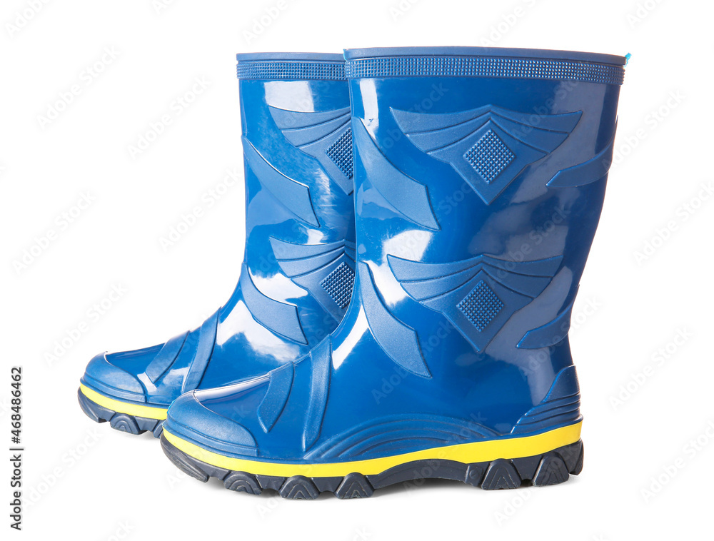 Blue rubber boots on white background