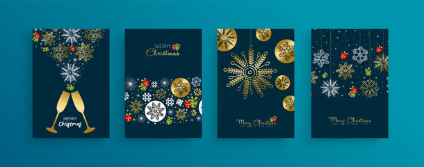 Wall Mural - Christmas New Year gold snowflake gift card set