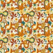 70s Groovy Hippie Retro Seamless Pattern. Vintage Floral Vector Pattern. Wavy Fall Background With Rainbow, Leaves, Mushroom, Pumpkin And Flowers. Doodle Hippie Print For Wallpaper, Banner, Fabric.