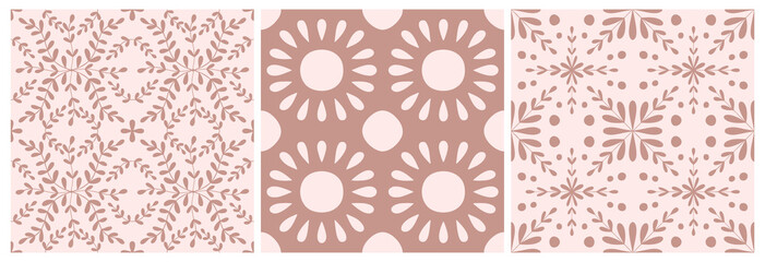 Tile portugal flower seamless pattern set. Dusty rose color geometric background. Traditional azulejo repeat ornament. Vector monochrome pattern.Abstract vintage print for fabric,packaging, wrapper