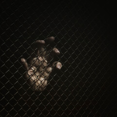 closeup of hand in jail, hands on a black background, a prisoner behind bars, trapped