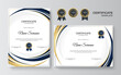 © SyahCreation - Modern blue and gold certificate template. Diploma certificate border template set with badges for award, business, and education
