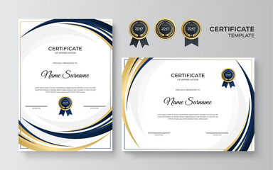 modern blue and gold certificate template. diploma certificate border template set with badges for a