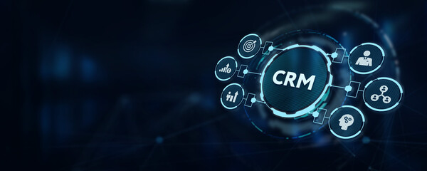 Sticker - Business, Technology, Internet and network concept. CRM Customer Relationship Management.   3d illustration