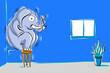 © Dani Vittz - Elephant in Blue room sitting on a very small stool. The room has a window and cactus plant.