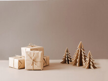 Christmas Tree Made Of Paper Craft Origami Gifts Packed In Plain Paper Wooden Star On A Beige Trendy Background.