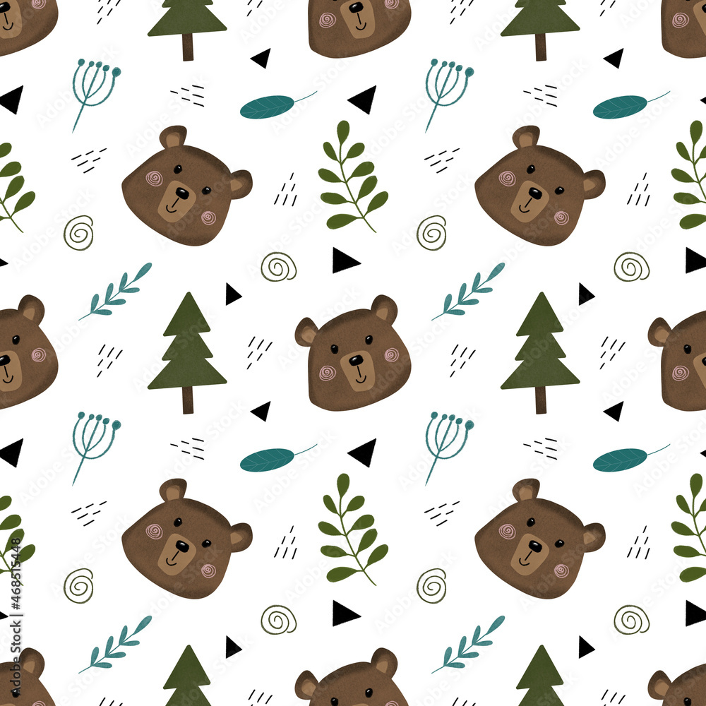 Seamless pattern with cute bears and leaves in Scandinavian style ...