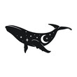 Whale silhouette, moon and stars, night, black and white 