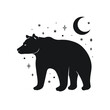 Silhouette of a bear, moon and stars, night, black and white